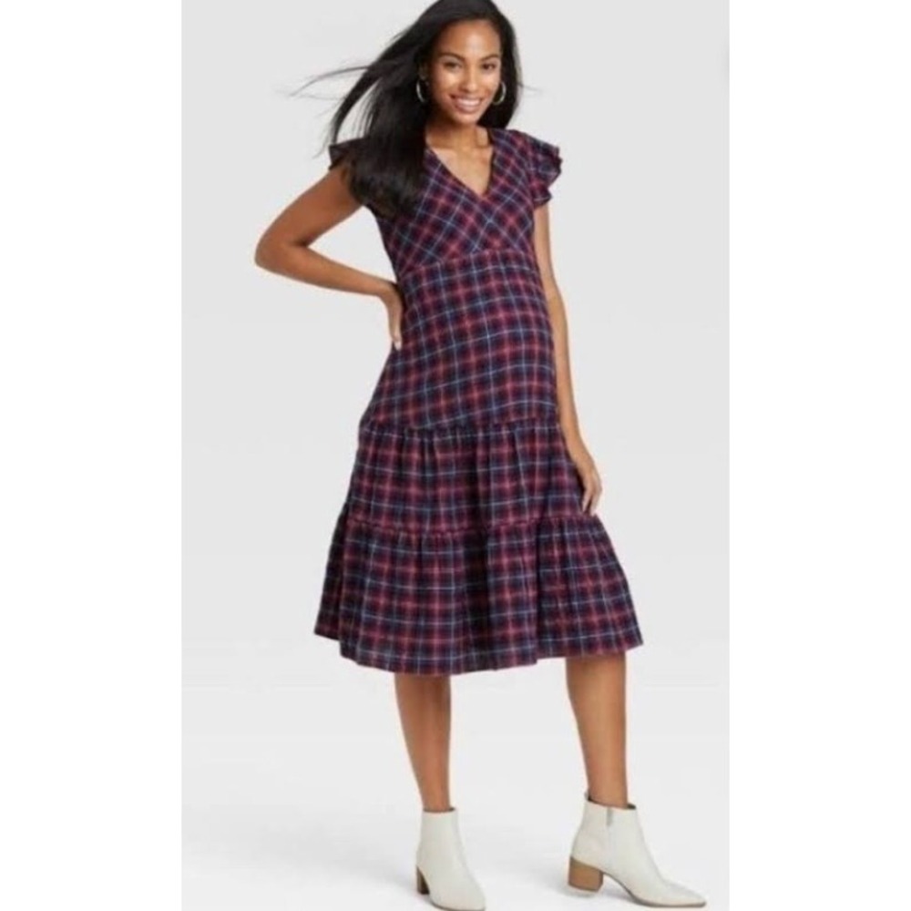 The Nines by Hatch Maternity Plaid Tiered Flutter Midi Dress XXL Burgundy Navy